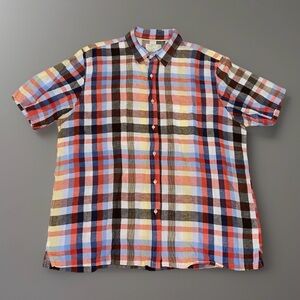 Tasso Elba Plaid Linen Cotton Blend Short Sleeve Button Front Shirt Men Size XL